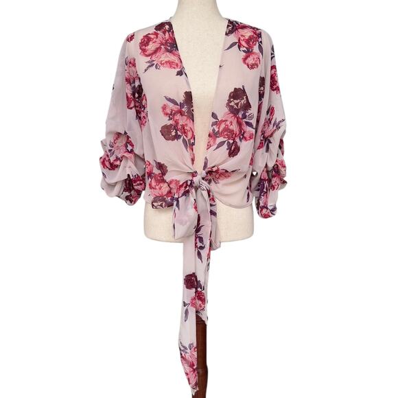 Live 4 Truth Floral Tie Front Kimono Crop Top Boho Puff Sleeve Cardigan XS NWT - Picture 2 of 10